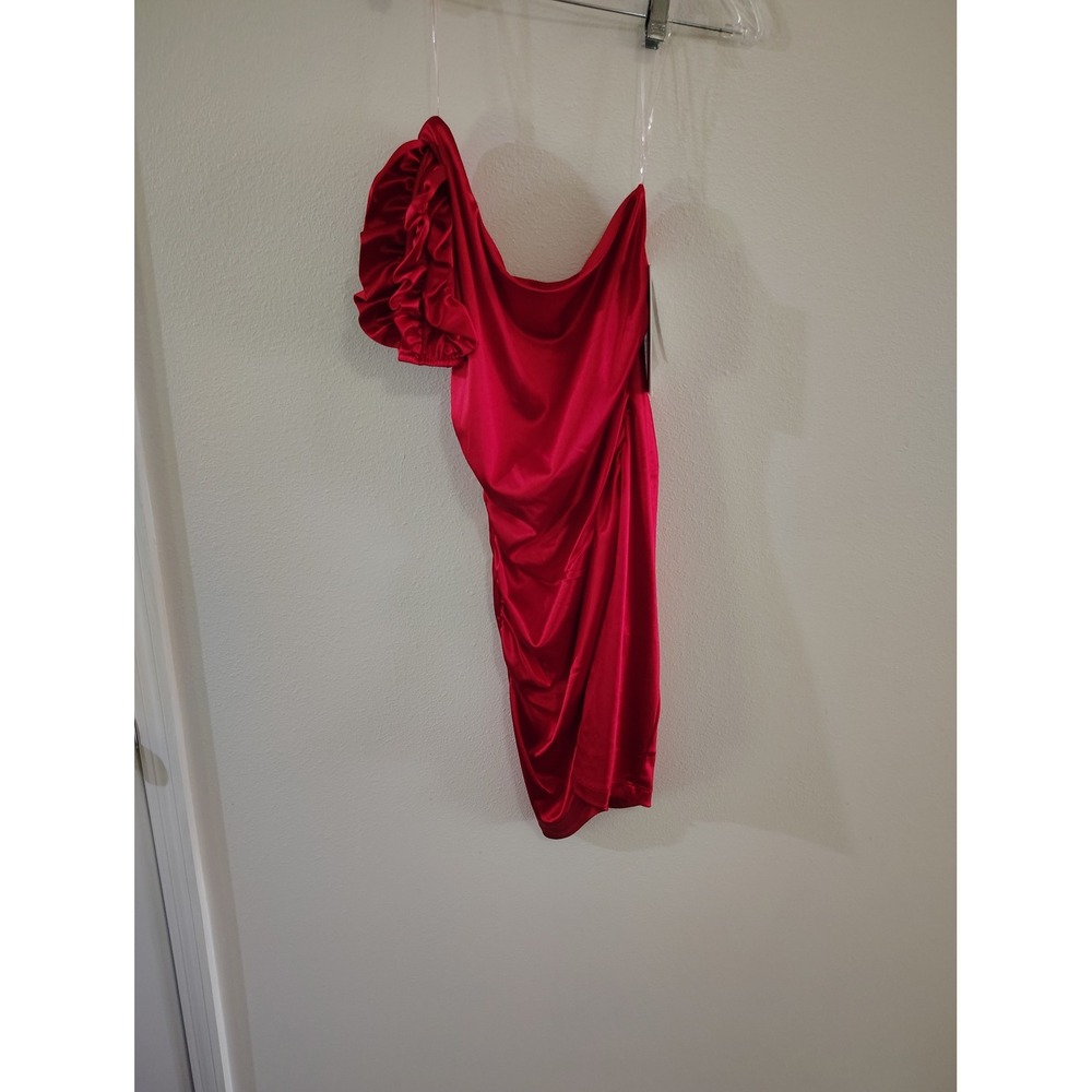 Honey and Rosie Red Satin One Shoulder Ruffle Sleeve Ruched Mini Dress GMB4310 S